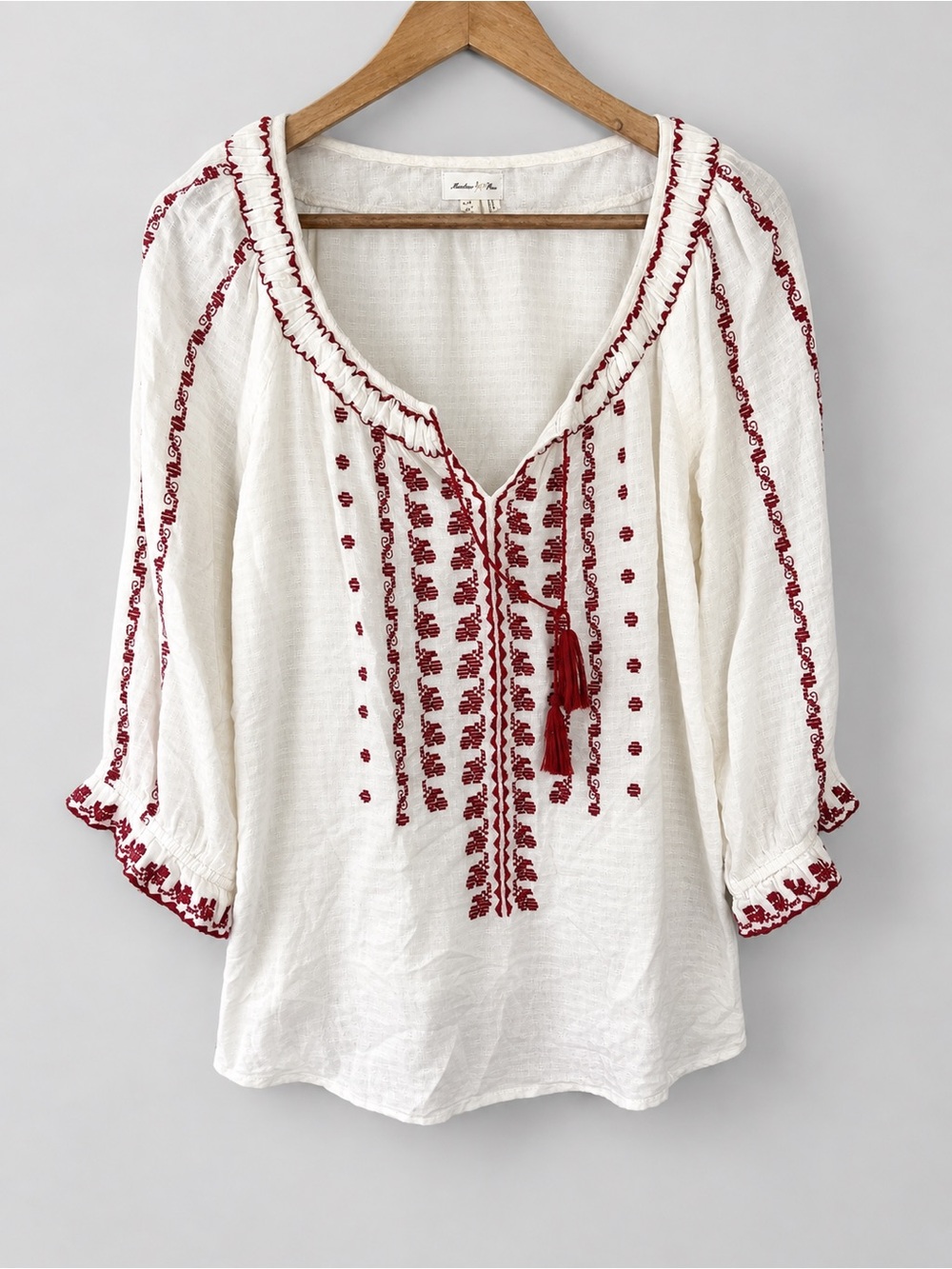 Anthropologie Meadow Rue White Peasant Cream & Red Embroidery Blouse Top Size 8